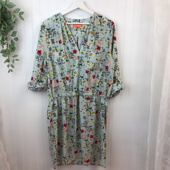 Joe Fresh Green & Red Bright Floral Dress with Roll-Up Sleeves for Spring, SZ L - Picture 2 of 16